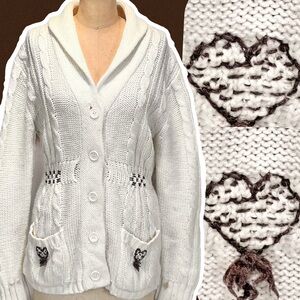 VINTAGE 60s cable knit cardigan‎ sweater button front shawl collar heart pockets